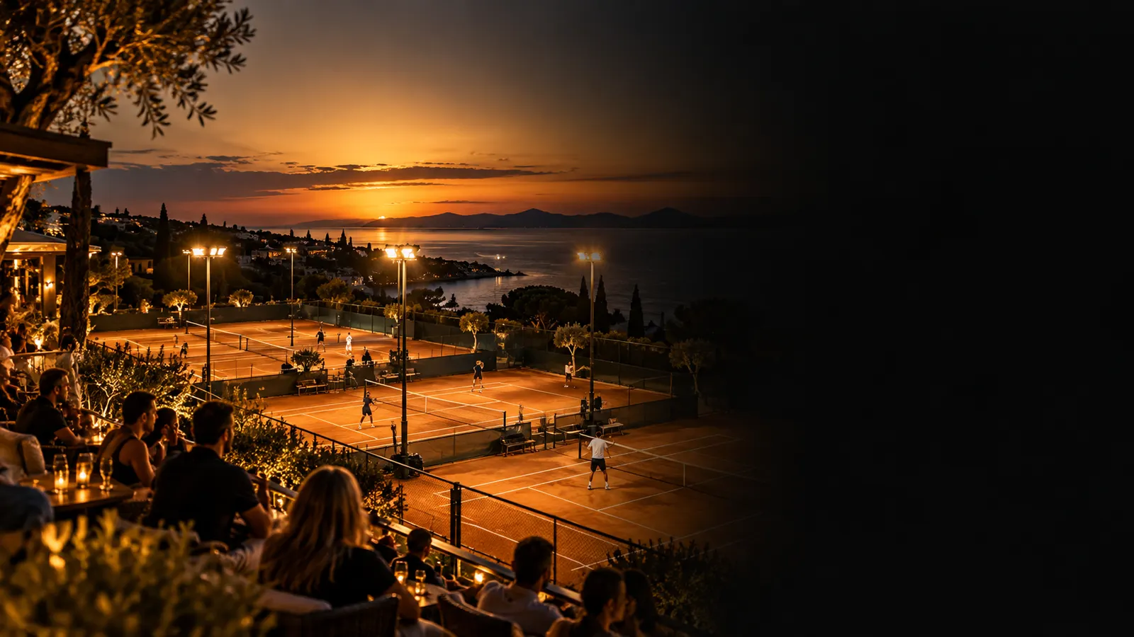 Tennis club το σούρουπο με φωτισμένα χωμάτινα γήπεδα και θεατές